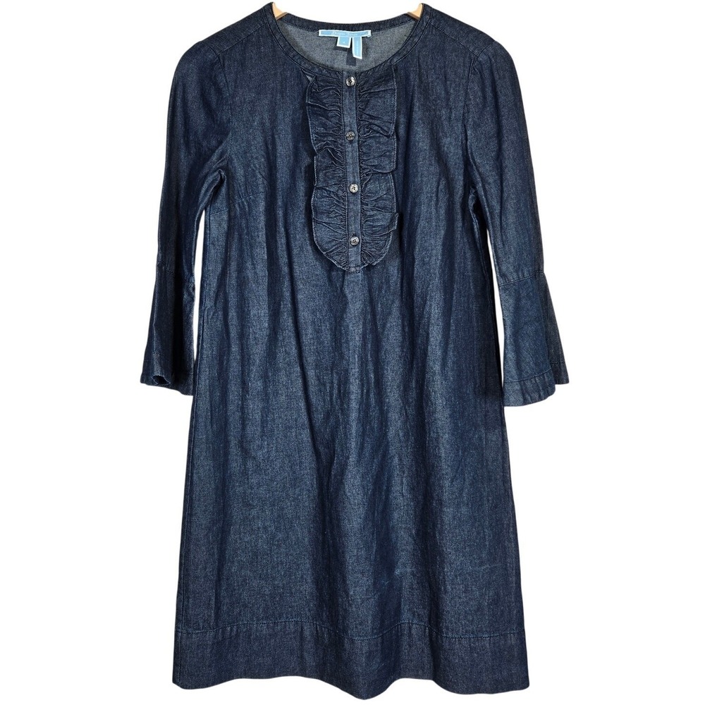 Draper James Chambray Denim Dress Ruffle Front Button Neck 3/4 Sleeve Size 4